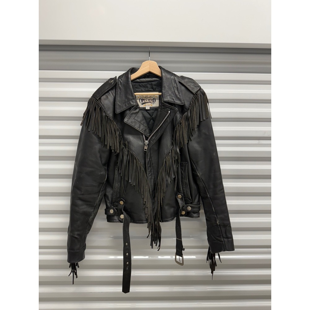 Open Road Vintage Black Leather Fringe Motorcycle Biker Jacket Mens Size 40
